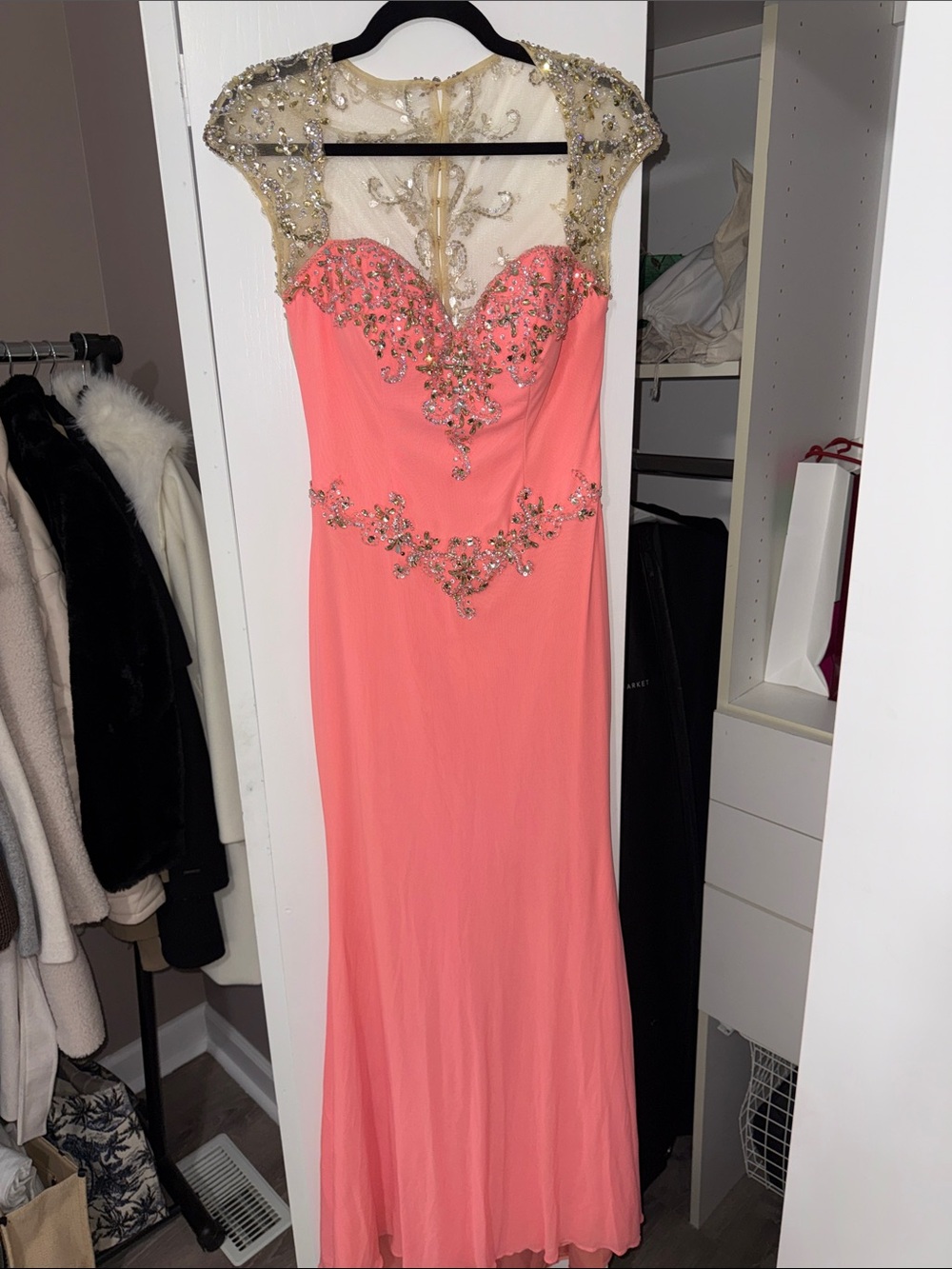 Panoply Coral Evening Gown with Gold Beaded Illusion Yoke